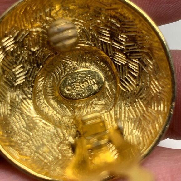 Vintage C. Stein Gold Tone Green Enamel Oversized Clip On Domed Earrings Runway - Picture 3 of 5